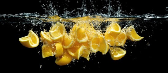 Poster - Citrus lemon wedges splashing into dark water creating dynamic ripples and bubbles with vibrant yellow colors against a black background