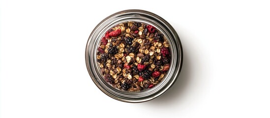 Aufkleber - Homemade granola and mixed berries in a glass jar on a white background top view showcasing rich textures and vibrant colors in a rustic setting