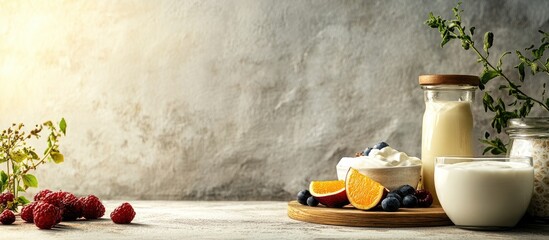 Aufkleber - Assorted yogurt dishes on a light wooden table with raspberries, blueberries and orange slices on the left, jars of yogurt on the right with soft lighting.