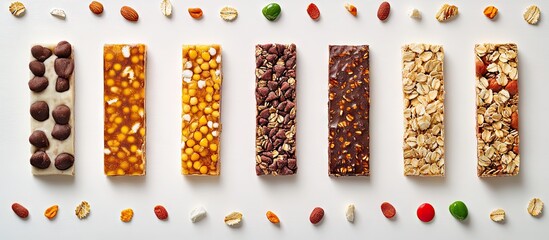 Poster - Colorful assortment of granola bars arranged horizontally on a white background, surrounded by nuts and seeds, showcasing healthy snacks and nutrition.