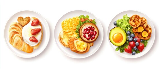 Poster - Colorful assortment of healthy food plates featuring fruits, avocado, and pastries arranged in a visually appealing layout with white backgrounds.
