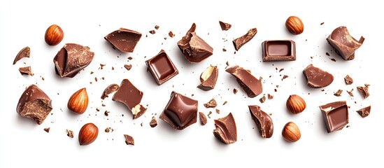 Poster - Broken hazelnut chocolate pieces scattered on a white background with whole hazelnuts, showcasing rich brown tones and texture details.