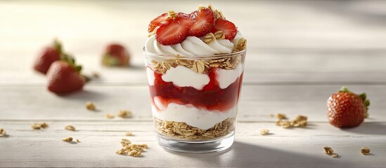 Aufkleber - Delicious parfait with layers of yogurt, strawberries, and granola in a clear glass on a rustic wooden surface with fresh strawberries scattered.