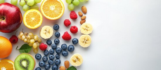 Aufkleber - Colorful assortment of fruits including yellow oranges, vibrant raspberries, green grapes, blue blueberries, and sliced bananas arranged artistically on a light background.