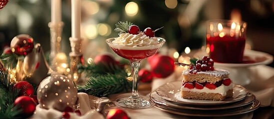 Aufkleber - Festive Christmas dessert table with red and gold ornaments, creamy dessert in glass, candlelight, and evergreen accents for a warm holiday feel.