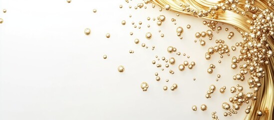 Fototapete - Elegant gold frame with scattered decorative spheres on a soft white background showcasing rich gold tones and flowing organic shapes.