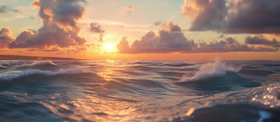 Poster - Tranquil ocean waves reflect soft sunset hues of orange and pink blending with calming clouds creating a serene coastal atmosphere