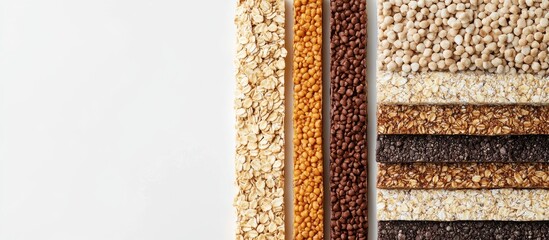 Aufkleber - Assorted granola bars in various colors including beige brown and dark brown stacked vertically on a white background showcasing healthy snack options