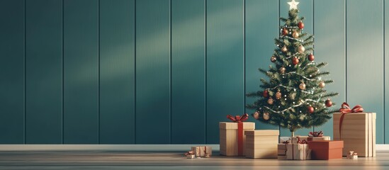Aufkleber - Christmas tree adorned with colorful ornaments stands in the corner of a serene blue wall room, surrounded by neatly stacked gift boxes with ribbons.