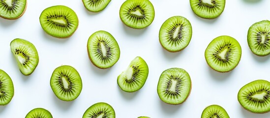 Poster - Fresh kiwi fruit slices arranged in a flat lay on a white background showcasing vibrant green hues and intricate textures of each slice.