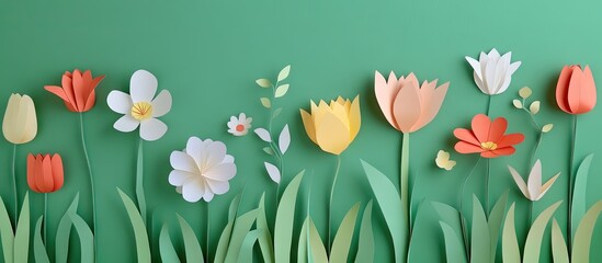 Poster - Colorful paper flowers in a vibrant green background with layered grass, showcasing tulips, daisies, and other blooms in red, yellow, and white.