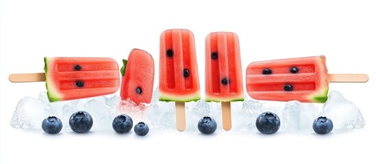 Aufkleber - Refreshing watermelon popsicles in vibrant red and green, placed on clear ice with blueberries, creating a colorful summer treat presentation.