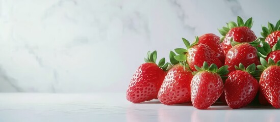 Poster - Vibrant red strawberries arranged on a marble surface with a soft-focus background, highlighting their rich color and fresh texture in ample copy space
