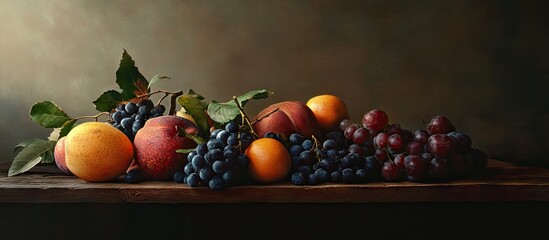 Poster - Vibrant assortment of ripe apples grapes and peaches on a wooden table with dark background showcasing rich colors and enticing textures