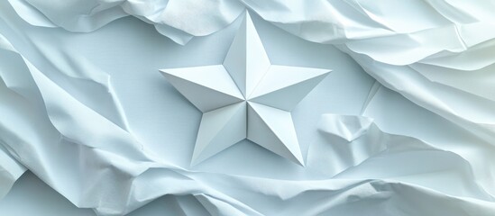 Fototapete - Three-dimensional white origami five-pointed star positioned center against a textured light blue crumpled background creating a serene aesthetic.