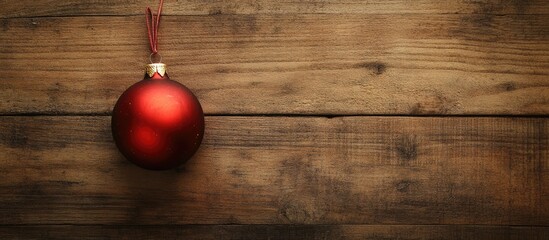 Poster - Red Christmas ornament hanging on a rustic wooden background with warm brown tones creating a festive and cozy holiday atmosphere.