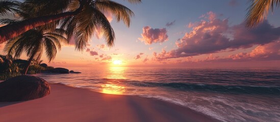 Poster - Serene beach scene during golden hour with vibrant orange and purple sunset reflecting on tranquil ocean waves and silhouetted palm trees.