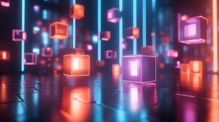Fototapete - abstract glowing cubes on a dark background
