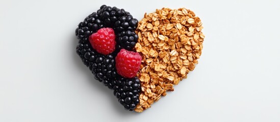 Poster - Heart-shaped arrangement of granola and fresh berries featuring blackberries and raspberries on a light background in neutral tones