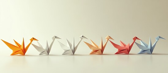 Aufkleber - Colorful origami cranes in orange, silver, beige, red, and blue aligned in a row on a soft beige background showcasing delicate crafts.