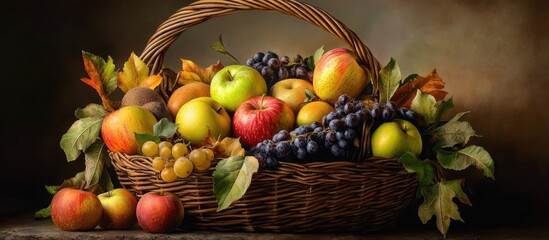 Poster - Colorful assortment of fresh organic fruits including red apples green apples and black grapes beautifully arranged in a rustic woven basket