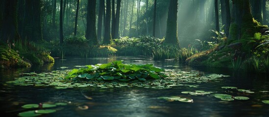 Poster - Lush green forest scene with large aquatic plant centered in a tranquil pond, surrounded by dark green foliage and beams of soft light filtering through trees.