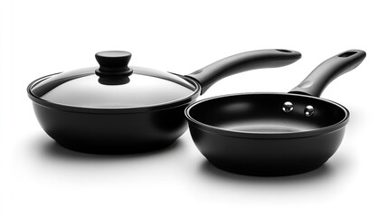 isolated on a white background are a black pan and lid the material of the covered pan a chef s modern frying pan the pan has a glass lid with a handl