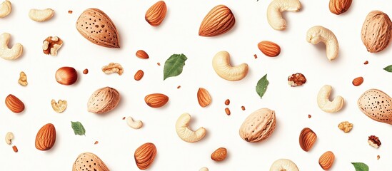 Aufkleber - Colorful scattered nuts including walnuts, cashews, almonds, and hazelnuts on a clean white background with green leaves, top view arrangement.