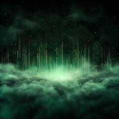 Fototapete - A digital landscape shrouded in green mist, featuring vertical lines resembling data streams or code, creating a mysterious, futuristic atmosphere.