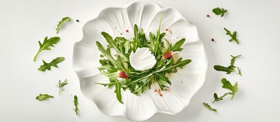 Poster - A vibrant arrangement of fresh arugula with peppery accents and zesty flavors, elegantly displayed in a white scalloped plate on a light background.