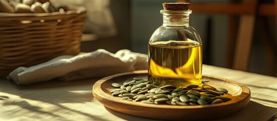 Aufkleber - Pumpkin seed oil in a glass bottle sits on a wooden plate with green pumpkin seeds under warm sunlight creating a natural kitchen ambiance