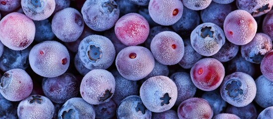 Poster - Frozen blueberries in various shades of blue and purple scattered across a textured surface highlighting their icy freshness and natural beauty.