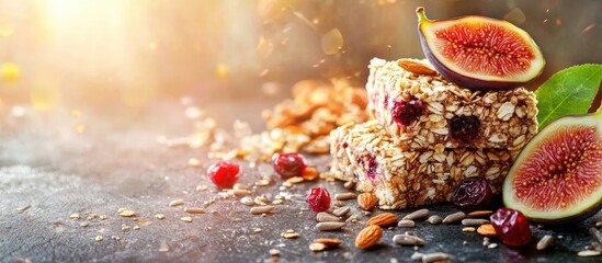 Aufkleber - Healthy homemade granola energy bars featuring figs and cranberries on a dark surface with scattered seeds and fruit slices in warm light setting.