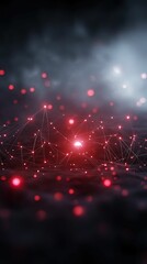 Fototapete - Abstract digital visualization featuring interconnected red dots and lines against a dark, smoky background, evoking themes of technology and data.