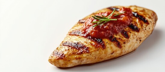 Poster - Grilled chicken fillet topped with rich red tomato sauce garnished with fresh green rosemary placed centrally on a clean white background.