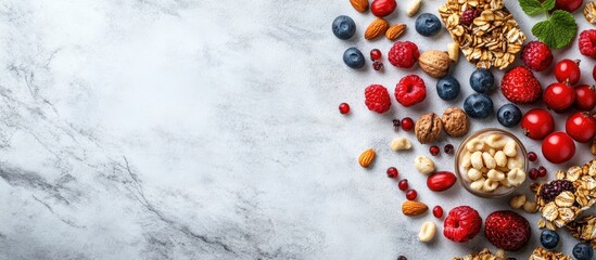 Aufkleber - Cereal granola bar layout with assorted nuts fruits and berries on a white marble table, vibrant colors capturing a top view composition.