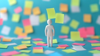 Poster - a small white man standing in front of a pile of sticky notes
