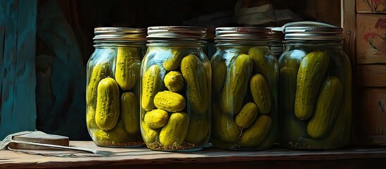 Poster - Glass jars filled with vibrant pickled gherkins showcased on a rustic wooden shelf with a warm ambient light creating a cozy atmosphere