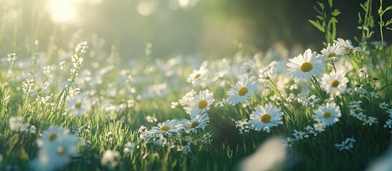 Poster - Sunlit meadow filled with blooming white daisies and green grass in soft focus, vibrant spring nature scene with warm golden tones and gentle glimmer.