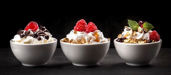 Aufkleber - Delicious yogurt and granola bowls with fresh raspberries and mint on a black background showcasing healthy breakfast options in three white bowls.