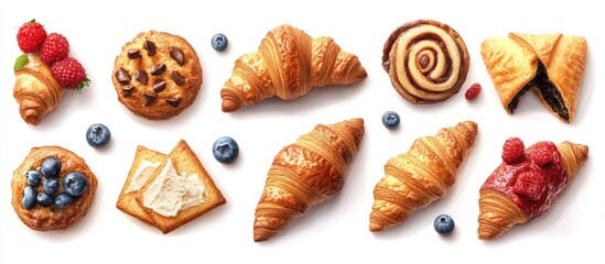 Poster - Assorted freshly baked pastries including croissants, danishes, and tarts with fruits arranged on a bright white background showcasing their textures and colors.
