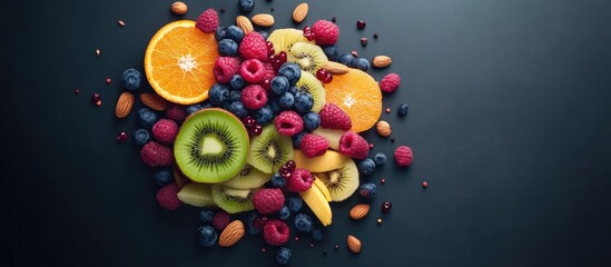 Poster - Colorful assortment of fresh fruits including raspberries, blueberries, bananas, kiwi, and orange slices arranged on a dark background from top view.