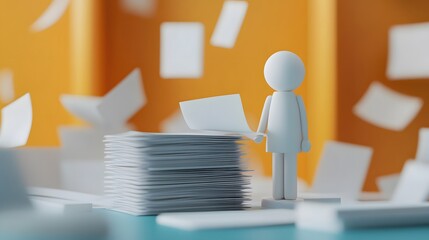 Poster - a small white figure standing next to a stack of papers
