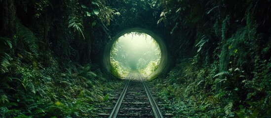 Aufkleber - Lush green jungle tunnel with vibrant foliage framing a circular opening, soft light illuminating the path along old railway tracks.