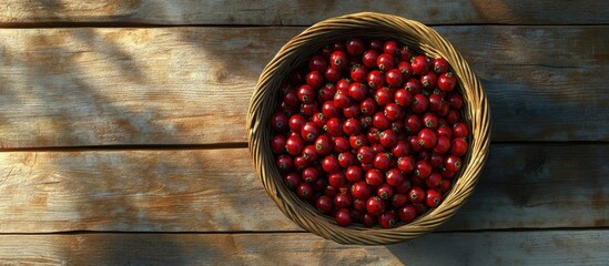 Aufkleber - Basket filled with vibrant red blueberries viewed from above on a light brown wooden surface with soft shadows enhancing the rustic ambiance