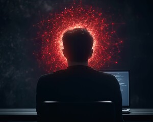 Fototapete - A silhouette of a person at a computer, surrounded by a glowing red aura, suggesting themes of technology and creativity.