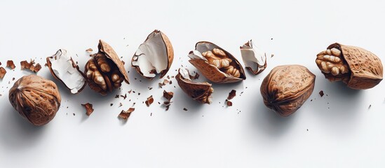 Poster - Cracked nuts spread out on a white background highlighting their vibrant inner textures and colors with broken shell fragments scattered around.