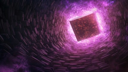 Poster - a mesmerizing cube floats in a swirling vortex of purple hues, evoking a sense of mystery and cosmic