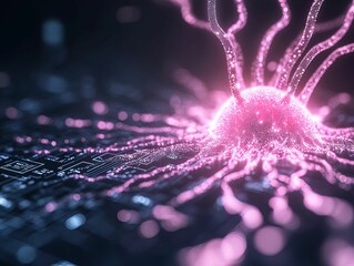Fototapete - A glowing, pink orb emits electric tendrils, set against a dark, digital background, creating a futuristic, vibrant atmosphere.