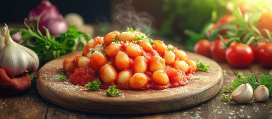 Poster - Gnocchi pasta topped with vibrant tomato sauce served on a wooden board with fresh vegetables and herbs in warm natural lighting.